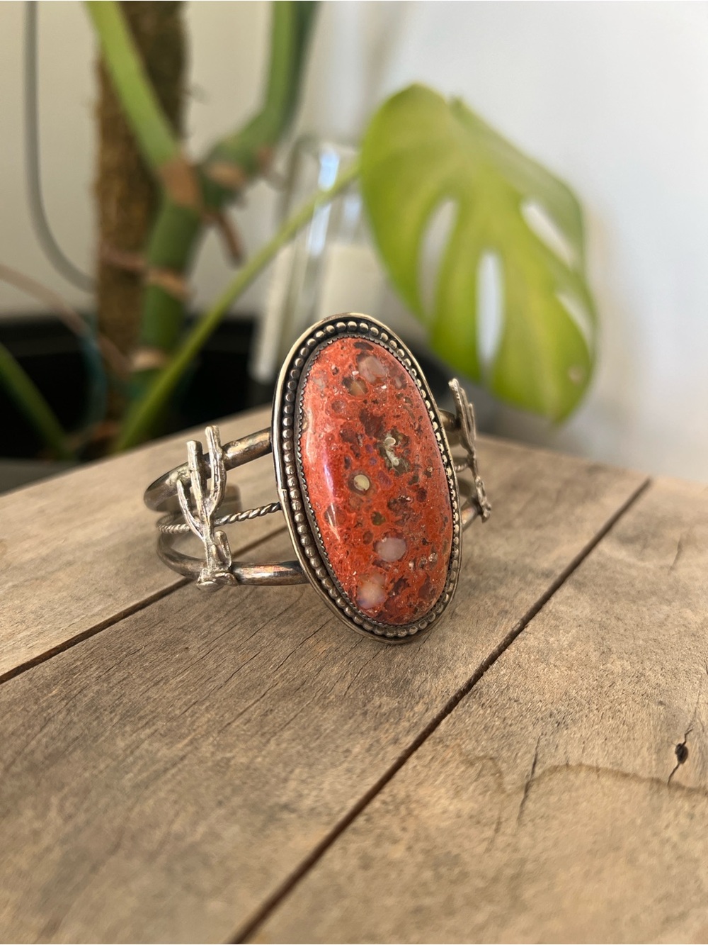 Sterling Silver Cuff Bracelet with Orange Jasper Stone